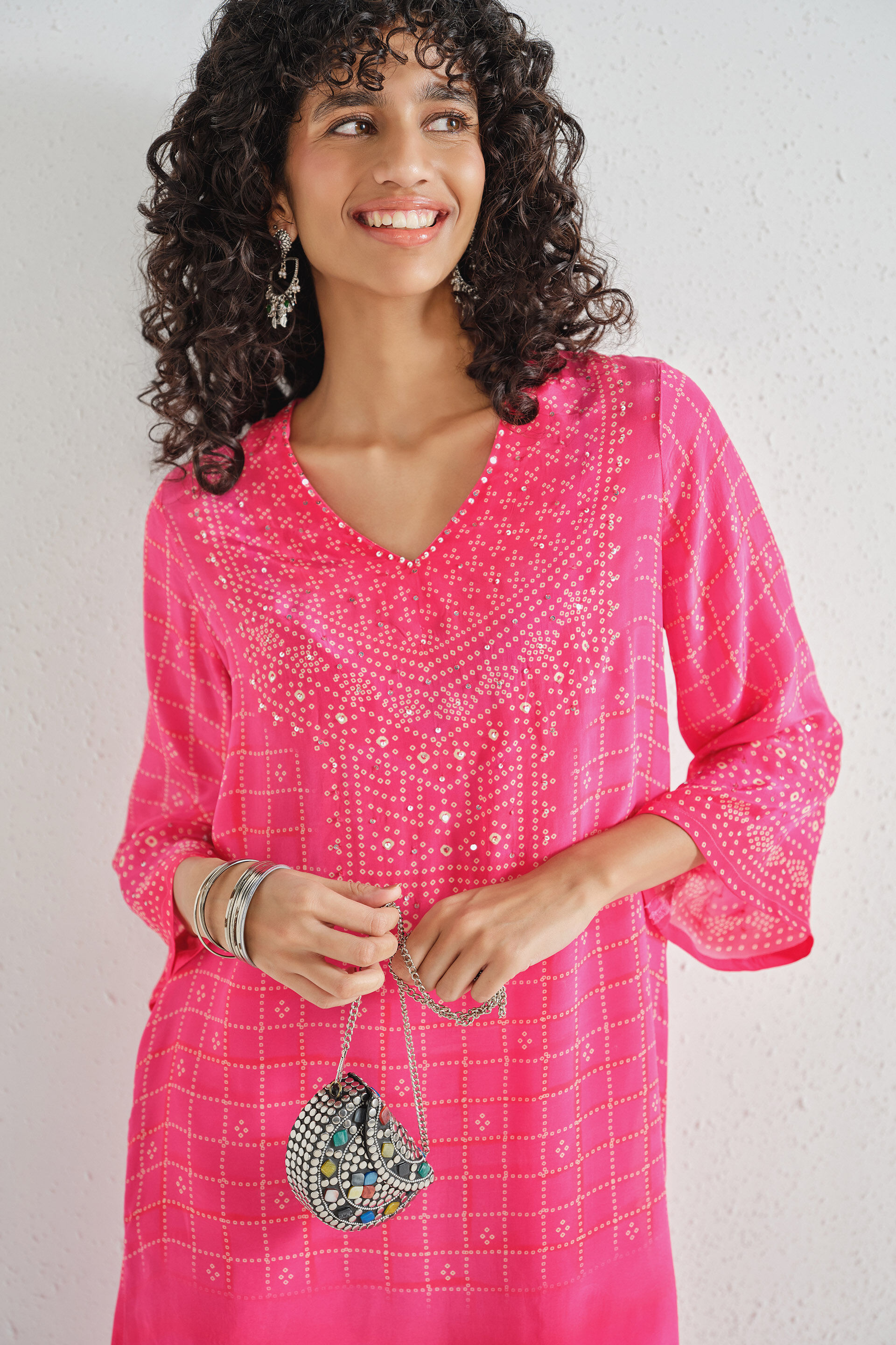 Fuchsia Bandhani Kurta Set, Fuschia, image 3